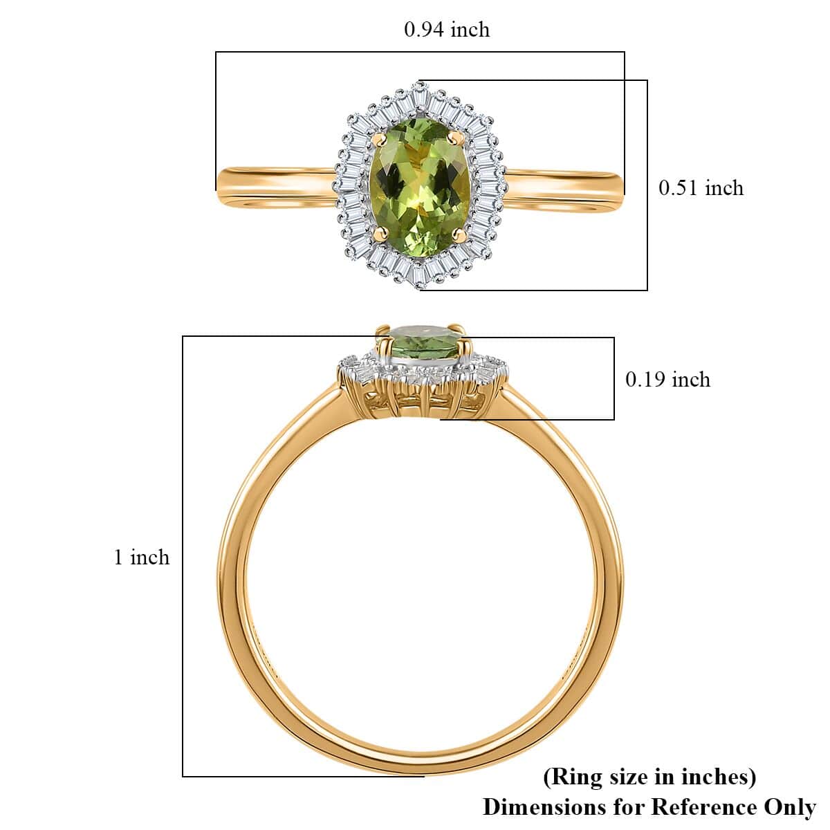 AAA Natural Calabar Green Tourmaline and Diamond Halo Ring in Vermeil Yellow Gold Over Sterling Silver (Size 10.0) 1.15 ctw image number 5