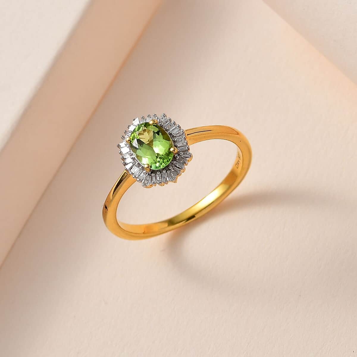 AAA Natural Calabar Green Tourmaline and Diamond Halo Ring in Vermeil Yellow Gold Over Sterling Silver (Size 8.0) 1.15 ctw image number 1