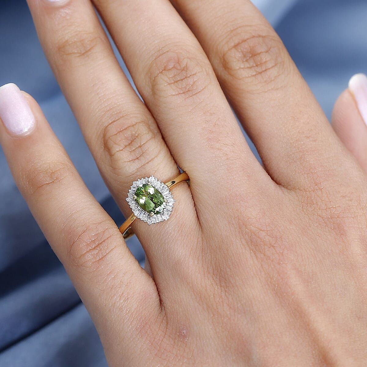 AAA Natural Calabar Green Tourmaline and Diamond Halo Ring in Vermeil Yellow Gold Over Sterling Silver (Size 9.0) 1.15 ctw image number 2