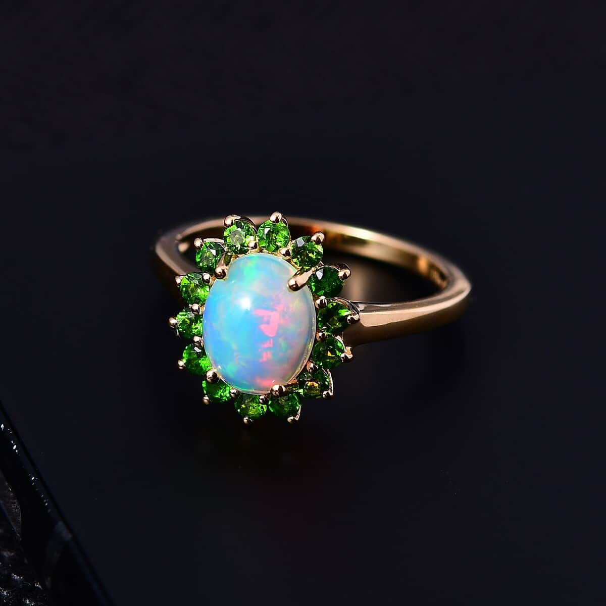 Ethiopian Welo Opal and Chrome Diopside Sunburst Ring in Vermeil Yellow Gold Over Sterling Silver (Size 5.0) 1.90 ctw image number 1