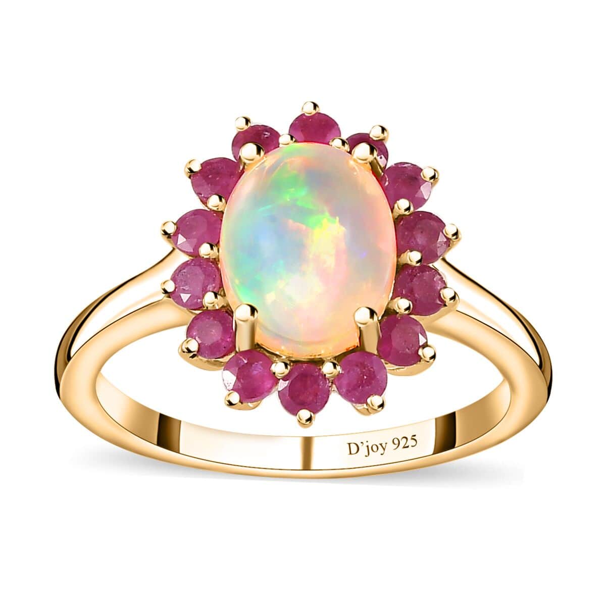 Ethiopian Welo Opal and Niassa Ruby (FF) Sunburst Ring in Vermeil Yellow Gold Over Sterling Silver (Size 5.0) 2.10 ctw image number 0