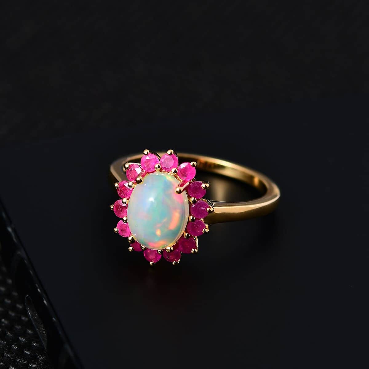 Ethiopian Welo Opal and Niassa Ruby (FF) Sunburst Ring in Vermeil Yellow Gold Over Sterling Silver (Size 5.0) 2.10 ctw image number 1