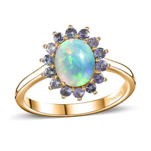 Ethiopian Welo Opal and Tanzanite Sunburst Ring in Vermeil Yellow Gold Over Sterling Silver (Size 6.0) 1.85 ctw