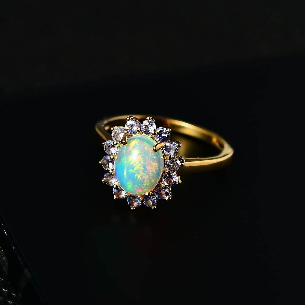 Ethiopian Welo Opal and Tanzanite Sunburst Ring in Vermeil Yellow Gold Over Sterling Silver (Size 6.0) 1.85 ctw image number 1