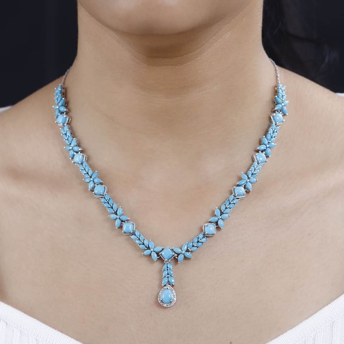 Sleeping Beauty Turquoise and White Zircon Necklace 18 Inches in Platinum Over Sterling Silver 19.20 ctw image number 2