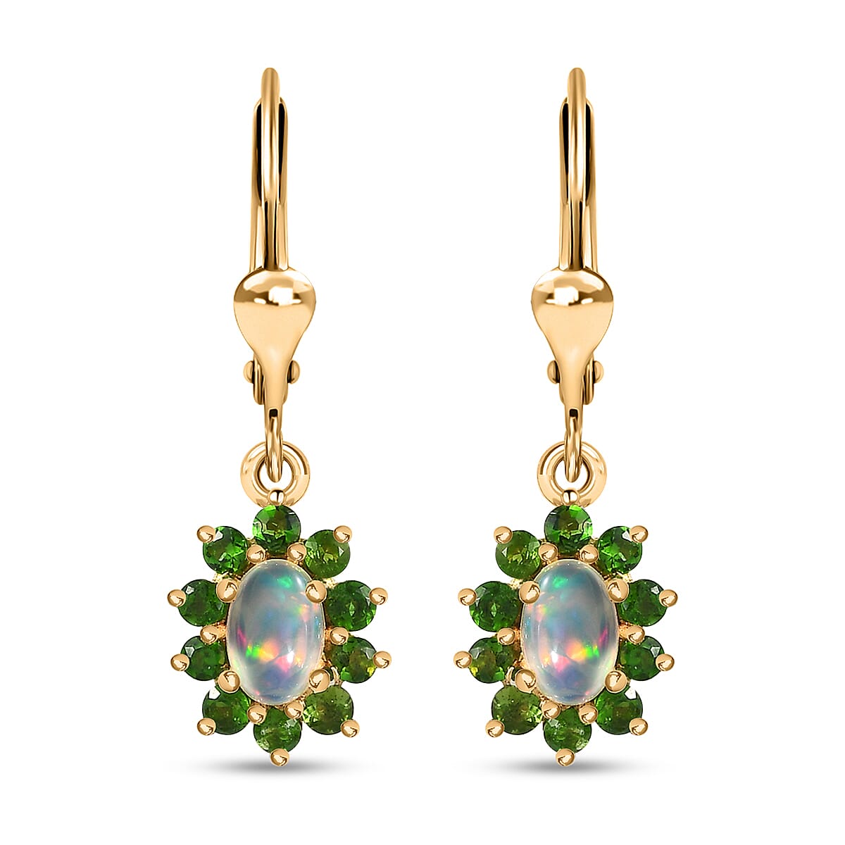 Ethiopian Welo Opal and Chrome Diopside Sunburst Lever Back Earrings in Vermeil Yellow Gold Over Sterling Silver 1.50 ctw
