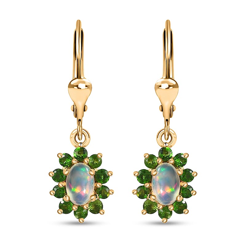 Ethiopian Welo Opal and Chrome Diopside Sunburst Lever Back Earrings in Vermeil Yellow Gold Over Sterling Silver 1.50 ctw