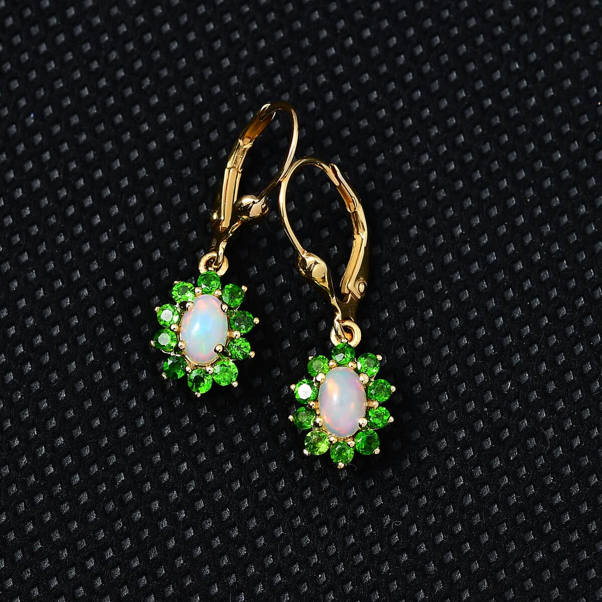 Bali Legacy Ethiopian Welo Opal and Chrome Diopside Sunburst Lever Back Earrings in Vermeil Yellow Gold Over Sterling Silver 1.50 ctw image number 1