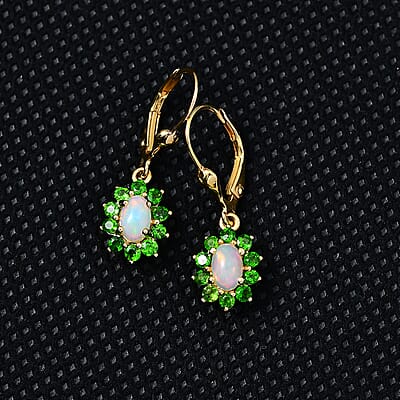 Ethiopian Welo Opal and Chrome Diopside Sunburst Lever Back Earrings in Vermeil Yellow Gold Over Sterling Silver 1.50 ctw