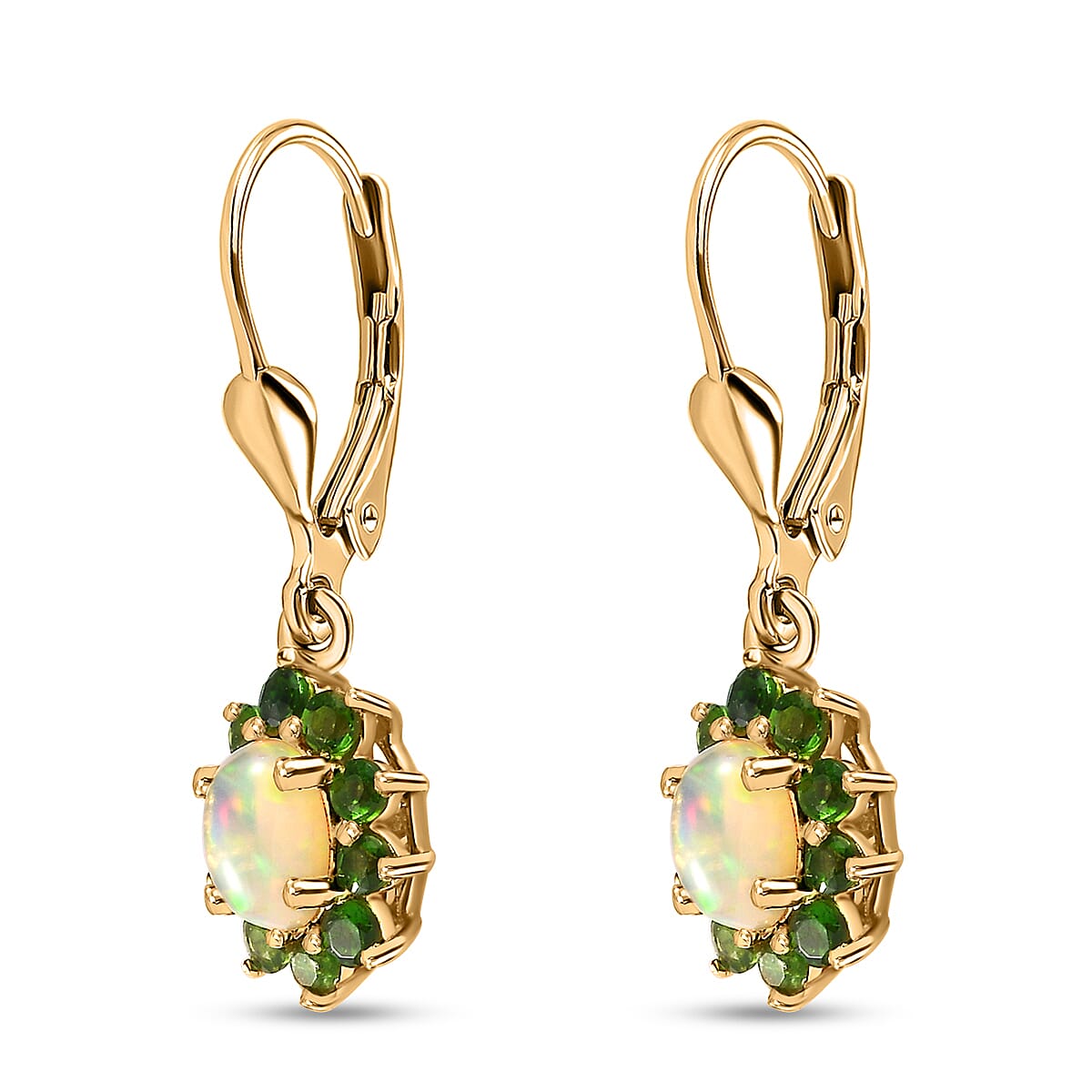 Ethiopian Welo Opal and Chrome Diopside Sunburst Lever Back Earrings in Vermeil Yellow Gold Over Sterling Silver 1.50 ctw