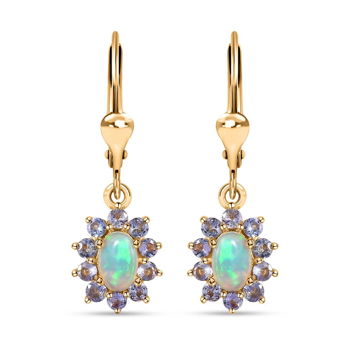 Ethiopian Welo Opal and Tanzanite Sunburst Lever Back Earrings in Vermeil Yellow Gold Over Sterling Silver 1.50 ctw image number 0