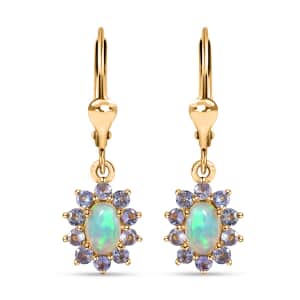 Ethiopian Welo Opal and Tanzanite Sunburst Lever Back Earrings in Vermeil Yellow Gold Over Sterling Silver 1.50 ctw
