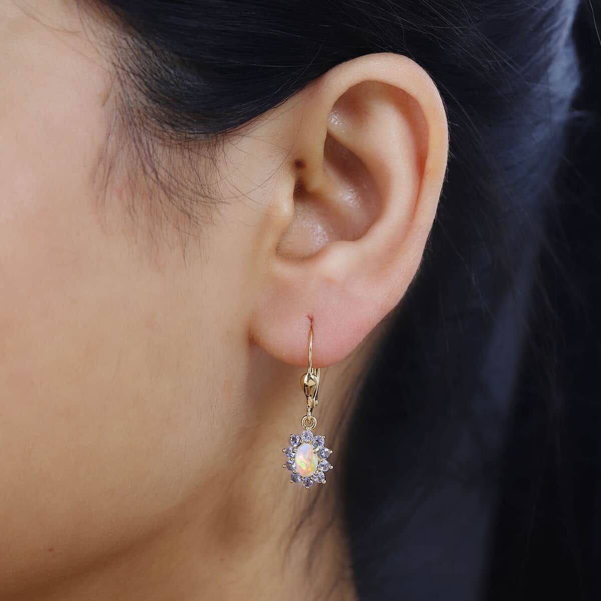 Ethiopian Welo Opal and Tanzanite Sunburst Lever Back Earrings in Vermeil Yellow Gold Over Sterling Silver 1.50 ctw image number 2