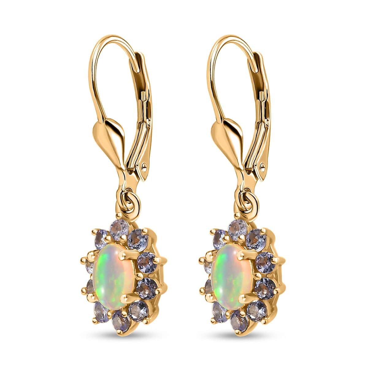 Ethiopian Welo Opal and Tanzanite Sunburst Lever Back Earrings in Vermeil Yellow Gold Over Sterling Silver 1.50 ctw image number 3
