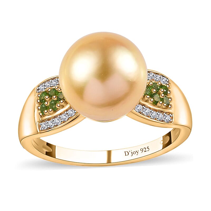 South Sea Golden Pearl 11-12mm and Multi Gemstone Ring in Vermeil Yellow Gold Over Sterling Silver (Size 10.0) 0.35 ctw