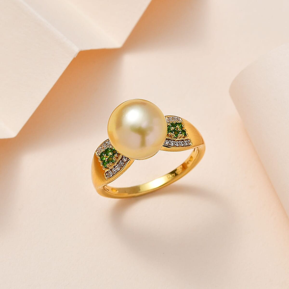 South Sea Golden Pearl 11-12mm and Multi Gemstone Ring in Vermeil Yellow Gold Over Sterling Silver (Size 10.0) 0.35 ctw image number 1