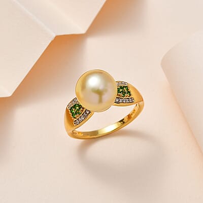 South Sea Golden Pearl 11-12mm and Multi Gemstone Ring in Vermeil Yellow Gold Over Sterling Silver (Size 10.0) 0.35 ctw
