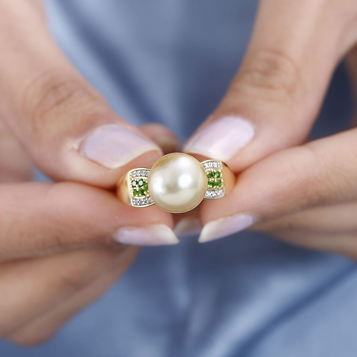 South Sea Golden Pearl 11-12mm and Multi Gemstone Ring in Vermeil Yellow Gold Over Sterling Silver (Size 10.0) 0.35 ctw image number 2