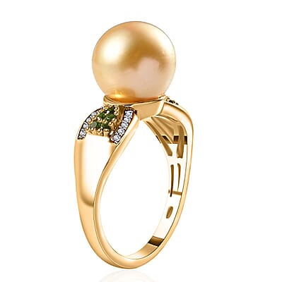 South Sea Golden Pearl 11-12mm and Multi Gemstone Ring in Vermeil Yellow Gold Over Sterling Silver (Size 10.0) 0.35 ctw