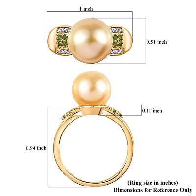 South Sea Golden Pearl 11-12mm and Multi Gemstone Ring in Vermeil Yellow Gold Over Sterling Silver (Size 10.0) 0.35 ctw