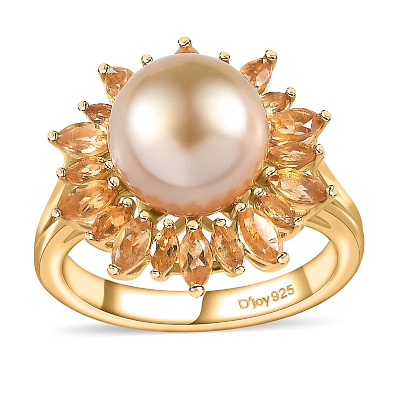 South Sea Golden Pearl and Brazilian Citrine Floral Ring in Vermeil Yellow Gold Over Sterling Silver (Size 10.0) 0.35 ctw