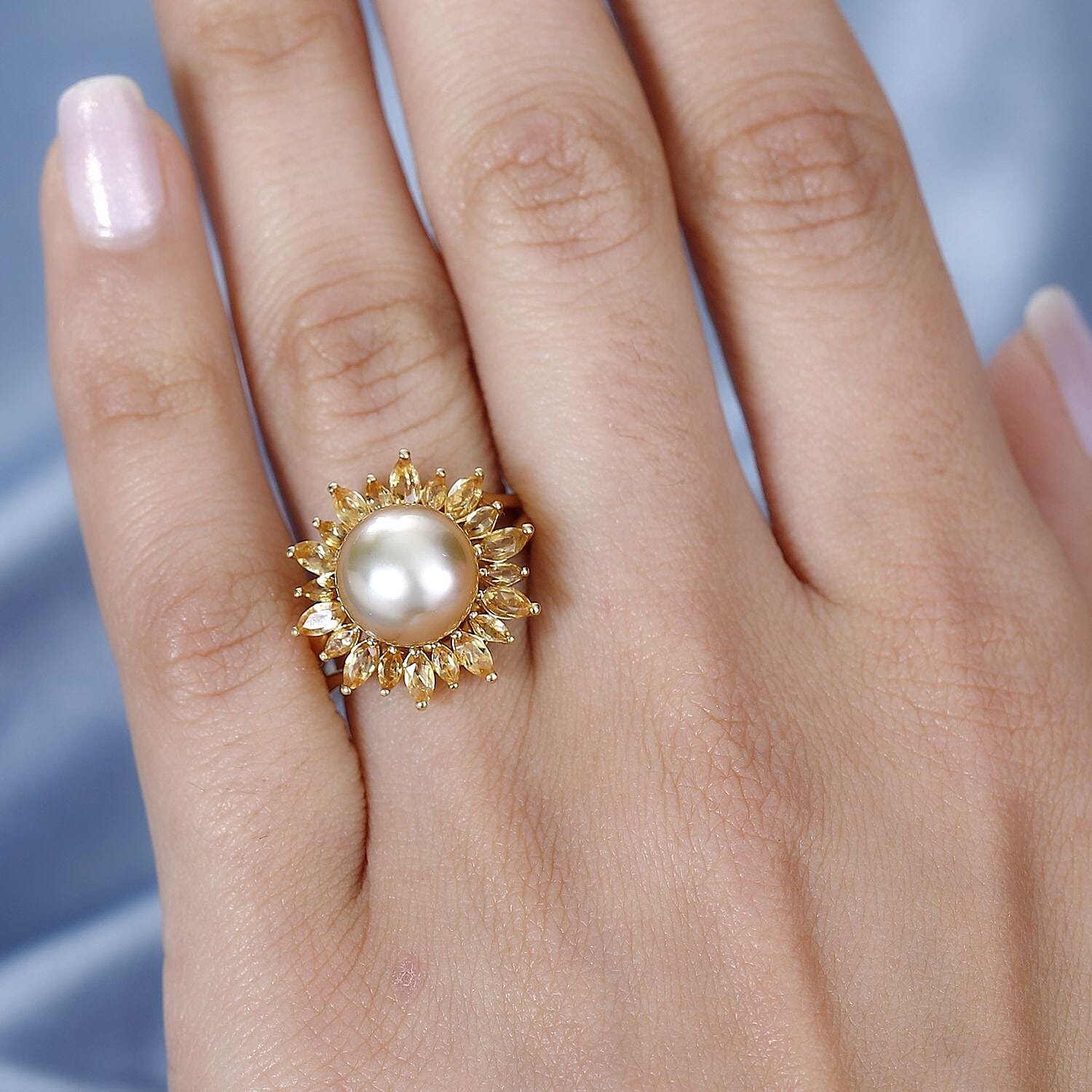 South Sea Golden Pearl and Brazilian Citrine Floral Ring in Vermeil Yellow Gold Over Sterling Silver (Size 10.0) 0.35 ctw