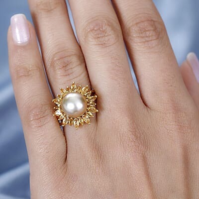 South Sea Golden Pearl and Brazilian Citrine Floral Ring in Vermeil Yellow Gold Over Sterling Silver (Size 10.0) 0.35 ctw