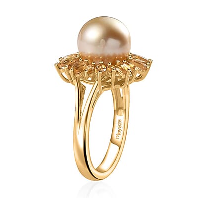 South Sea Golden Pearl and Brazilian Citrine Floral Ring in Vermeil Yellow Gold Over Sterling Silver (Size 10.0) 0.35 ctw