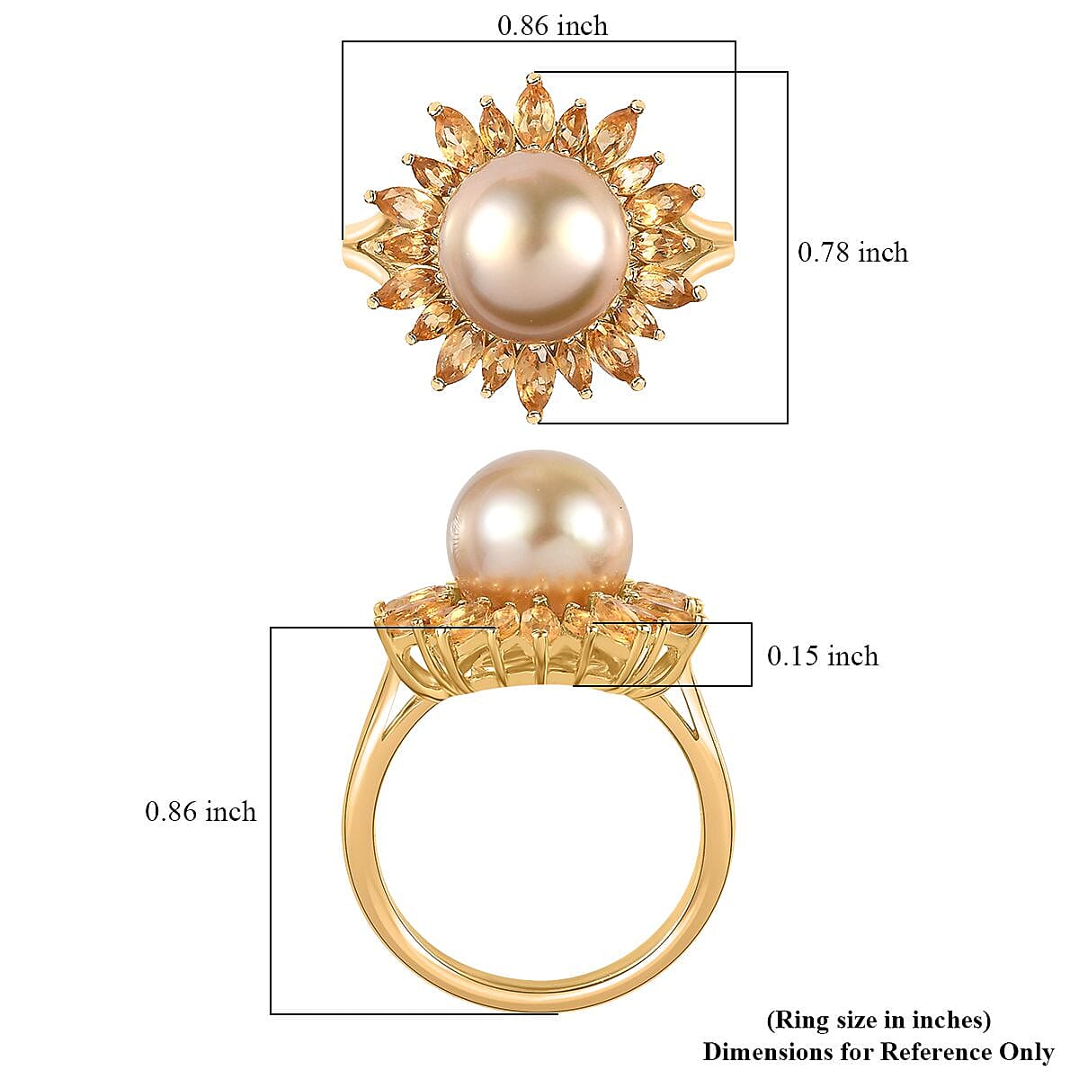 South Sea Golden Pearl and Brazilian Citrine Floral Ring in Vermeil Yellow Gold Over Sterling Silver (Size 10.0) 0.35 ctw