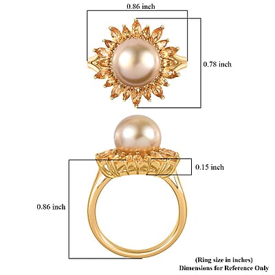 South Sea Golden Pearl and Brazilian Citrine Floral Ring in Vermeil Yellow Gold Over Sterling Silver (Size 10.0) 0.35 ctw