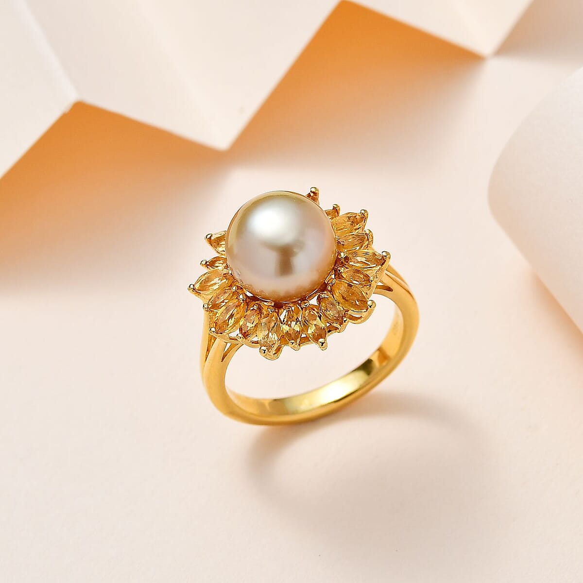 South Sea Golden Pearl and Brazilian Citrine Floral Ring in Vermeil Yellow Gold Over Sterling Silver (Size 6.0) 0.35 ctw image number 1