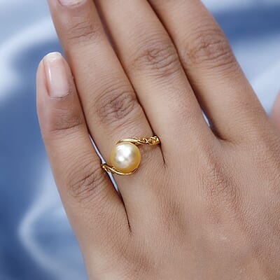 South Sea Golden Pearl Bypass Ring in Vermeil Yellow Gold Over Sterling Silver (Size 10.0)