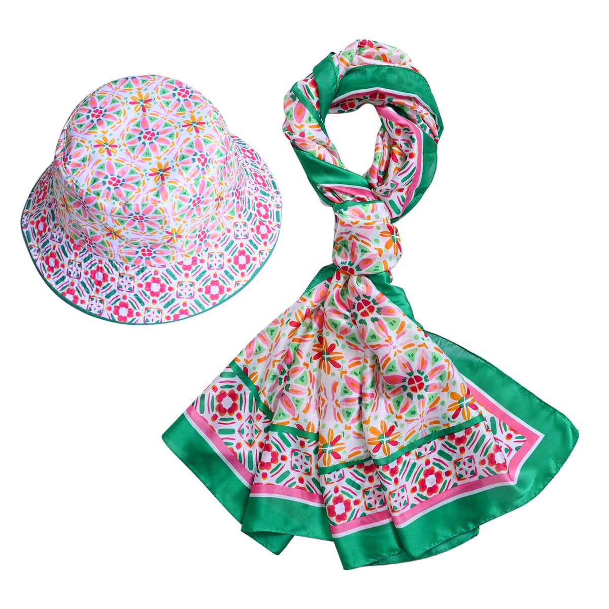 Pink Kaleidoscope Bucket Hat and Polyester Scarf Set - One Size image number 0