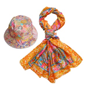 Orange Paisley Bucket Hat and Polyester Scarf Set - One Size