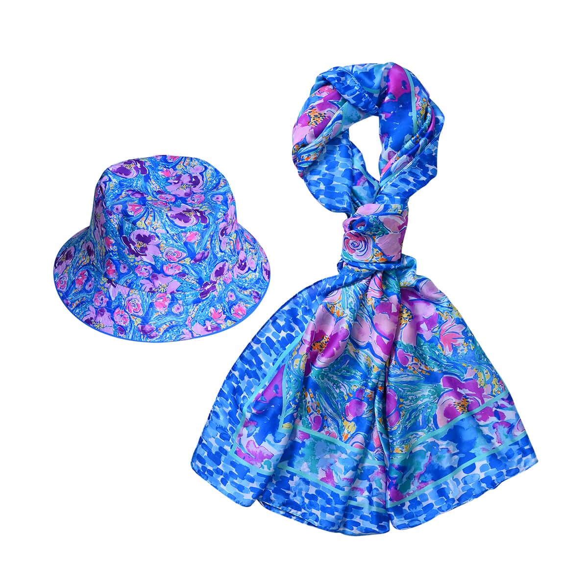 Blue Floral Bucket Hat and Polyester Scarf Set - One Size image number 0