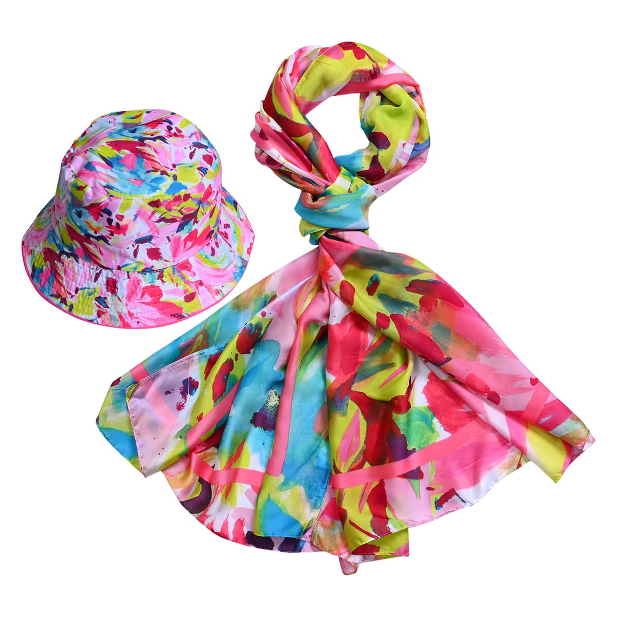 Multi Tropical Bucket Hat and Polyester Scarf Set - One Size image number 0