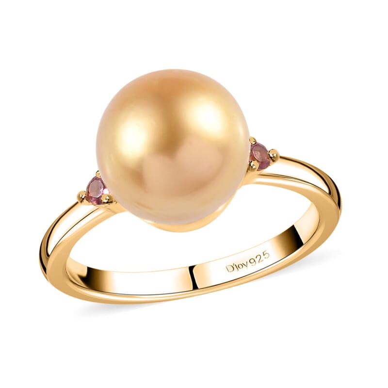 South Sea Golden Pearl and Ouro Fino Rubellite Ring in Vermeil Yellow Gold Over Sterling Silver 0.07 ctw