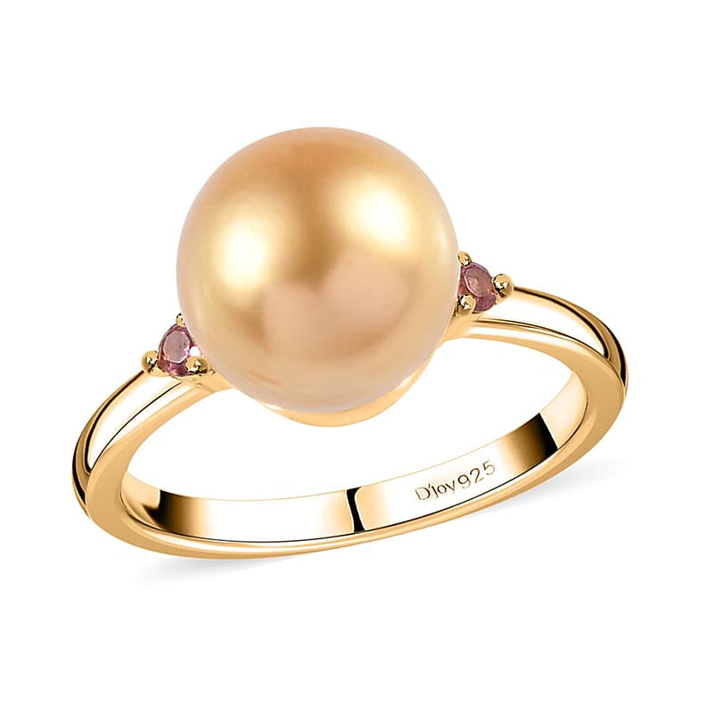 South Sea Golden Pearl and Ouro Fino Rubellite Ring in Vermeil Yellow Gold Over Sterling Silver 0.07 ctw