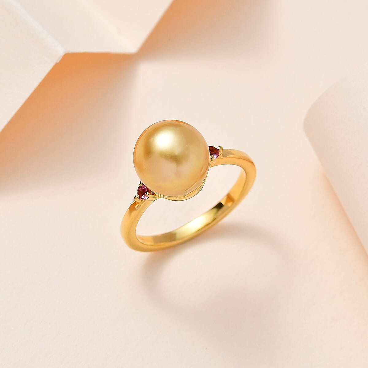 South Sea Golden Pearl and Ouro Fino Rubellite Ring in Vermeil Yellow Gold Over Sterling Silver 0.07 ctw image number 1
