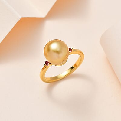South Sea Golden Pearl and Ouro Fino Rubellite Ring in Vermeil Yellow Gold Over Sterling Silver 0.07 ctw