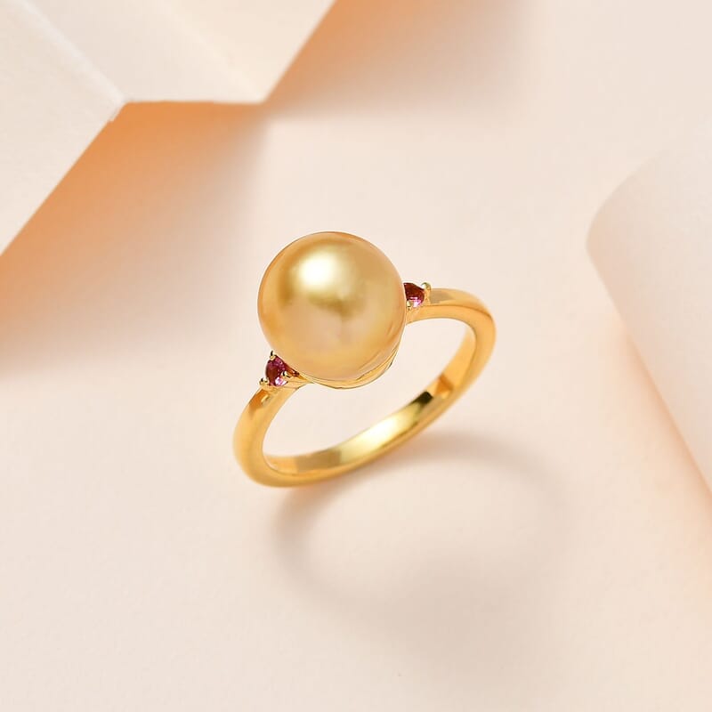 South Sea Golden Pearl and Ouro Fino Rubellite Ring in Vermeil Yellow Gold Over Sterling Silver 0.07 ctw