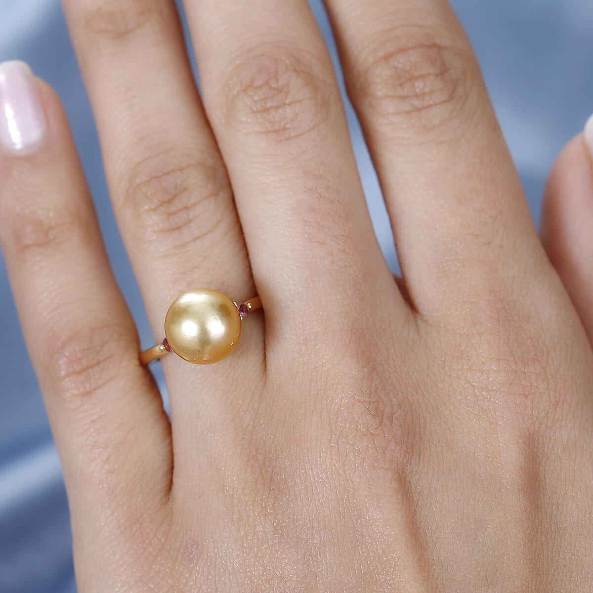 South Sea Golden Pearl and Ouro Fino Rubellite Ring in Vermeil Yellow Gold Over Sterling Silver 0.07 ctw image number 2