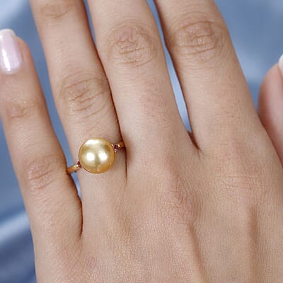 South Sea Golden Pearl and Ouro Fino Rubellite Ring in Vermeil Yellow Gold Over Sterling Silver 0.07 ctw