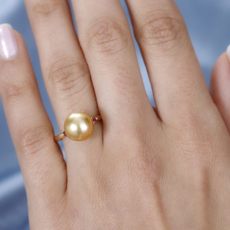 South Sea Golden Pearl and Ouro Fino Rubellite Ring in Vermeil Yellow Gold Over Sterling Silver 0.07 ctw
