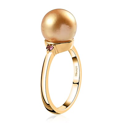 South Sea Golden Pearl and Ouro Fino Rubellite Ring in Vermeil Yellow Gold Over Sterling Silver 0.07 ctw