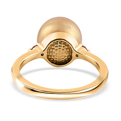 South Sea Golden Pearl and Ouro Fino Rubellite Ring in Vermeil Yellow Gold Over Sterling Silver 0.07 ctw