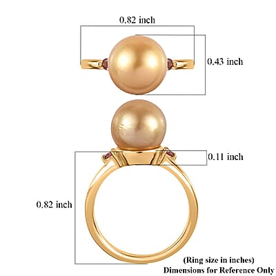 South Sea Golden Pearl and Ouro Fino Rubellite Ring in Vermeil Yellow Gold Over Sterling Silver 0.07 ctw
