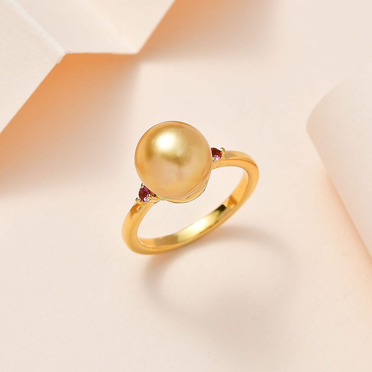 South Sea Golden Pearl and Ouro Fino Rubellite Ring in Vermeil Yellow Gold Over Sterling Silver (Size 7.0) 0.07 ctw image number 1