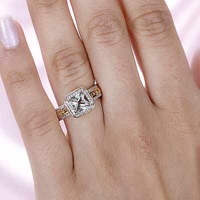 Princess Cut AAA Turkizite and Multi Gemstone Halo Ring in Vermeil Yellow Gold Over Sterling Silver (Size 6.0) 1.75 ctw