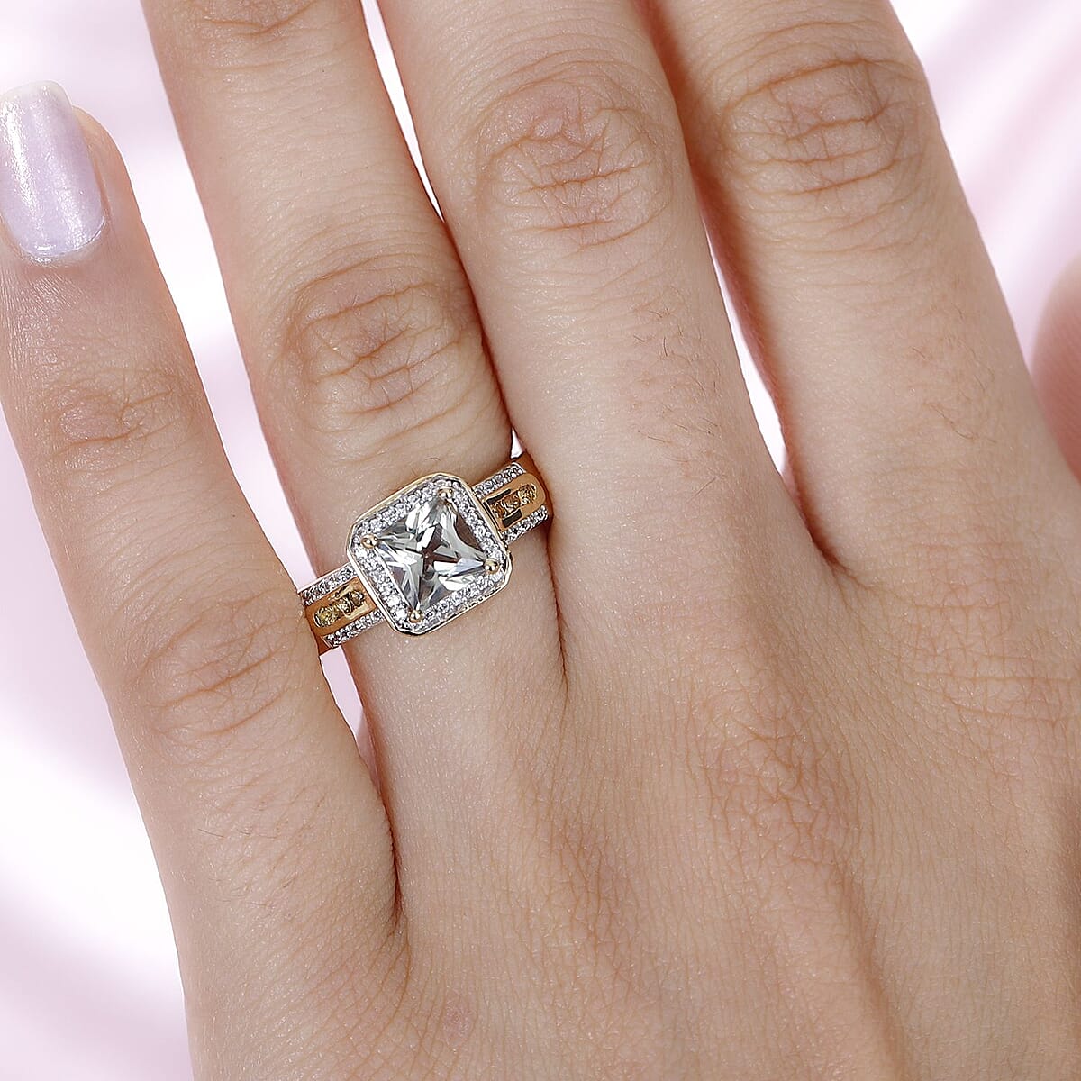 Princess Cut AAA Turkizite and Multi Gemstone Halo Ring in Vermeil Yellow Gold Over Sterling Silver (Size 8.0) 1.75 ctw image number 2